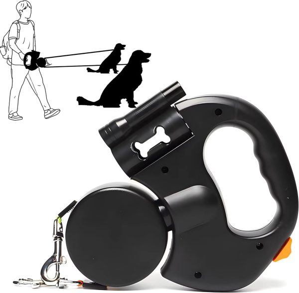 Dual Retractable 3in1 Dog Leash with Flashlight & Bag Dispenser | Tangle-Free 2-Dog Walking for 50lbs Each | Pawty Global