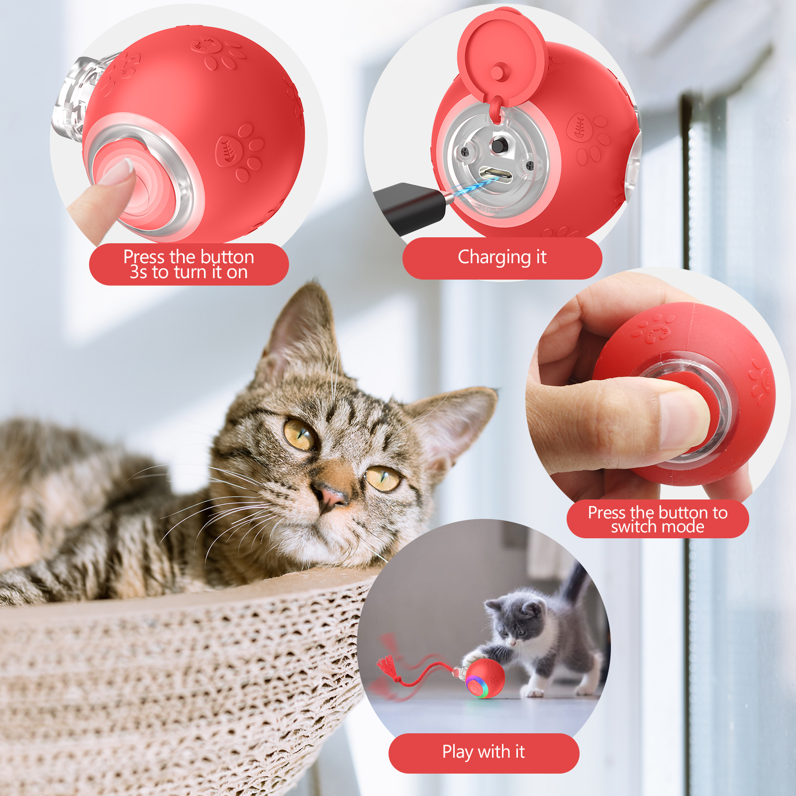 Interactive Cat Ball with Dynamic Lights & Realistic Chirping Sounds | Smart Motion-Activated Rolling Toy | Pawty Global - Image 3